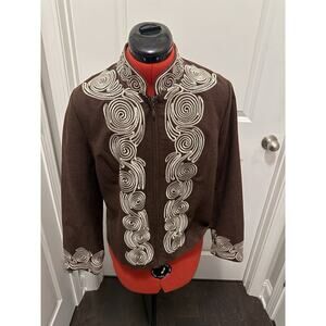 Silkland Petite Brown 100% Silk Embroidered Jacket Zip Front PL